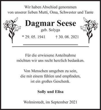 Traueranzeige von Dagmar Seese (geb. Solyga)  von Magdeburger Volksstimme