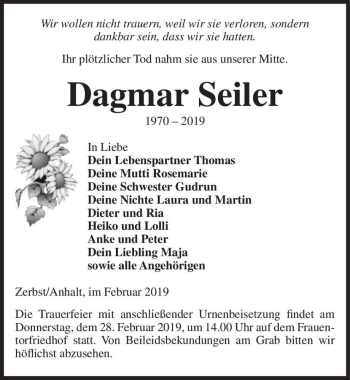 Traueranzeige von Dagmar Seiler  von Magdeburger Volksstimme