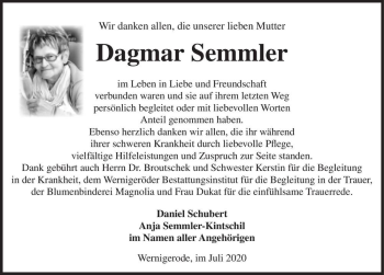 Traueranzeige von Dagmar Semmler  von Magdeburger Volksstimme