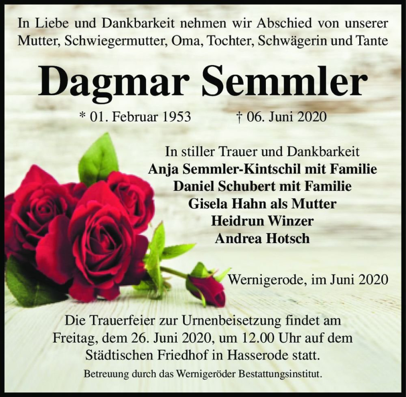  Traueranzeige für Dagmar Semmler  vom 15.06.2020 aus Magdeburger Volksstimme