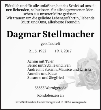 Traueranzeige von Dagmar Stellmacher (geb. Leutelt)  von Magdeburger Volksstimme