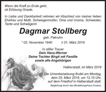 Traueranzeige von Dagmar Stollberg (geb. Pakruhn)  von Magdeburger Volksstimme