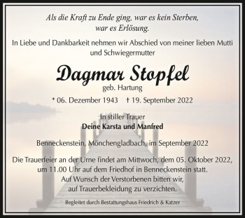 Traueranzeige von Dagmar Stopfel (geb. Hartung)  von Magdeburger Volksstimme