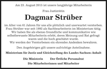Traueranzeige von Dagmar Strüber  von Magdeburger Volksstimme