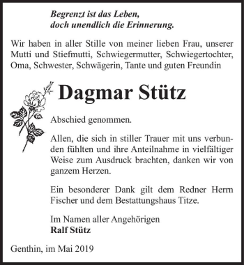 Traueranzeige von Dagmar Stütz  von Magdeburger Volksstimme
