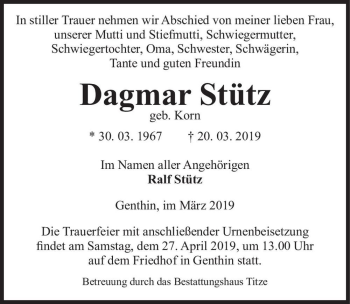 Traueranzeige von Dagmar Stütz (geb. Korn)  von Magdeburger Volksstimme
