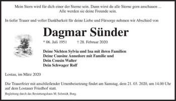 Traueranzeige von Dagmar Sünder  von Magdeburger Volksstimme