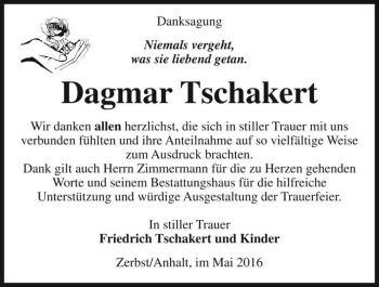 Traueranzeige von Dagmar Tschakert  von Magdeburger Volksstimme