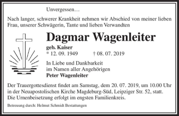 Traueranzeige von Dagmar Wagenleiter (geb. Kaiser)  von Magdeburger Volksstimme