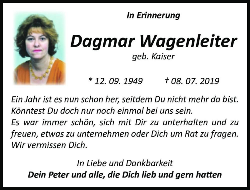  Traueranzeige für Dagmar Wagenleiter (geb. Kaiser)  vom 08.07.2020 aus Magdeburger Volksstimme