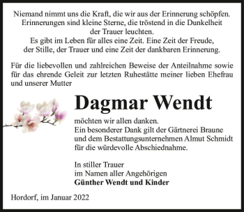 Traueranzeige von Dagmar Wendt  von Magdeburger Volksstimme