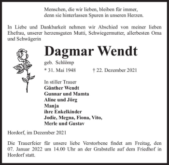 Traueranzeige von Dagmar Wendt (geb. Schlömp)  von Magdeburger Volksstimme