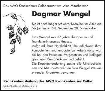 Traueranzeige von Dagmar Wengel  von Magdeburger Volksstimme