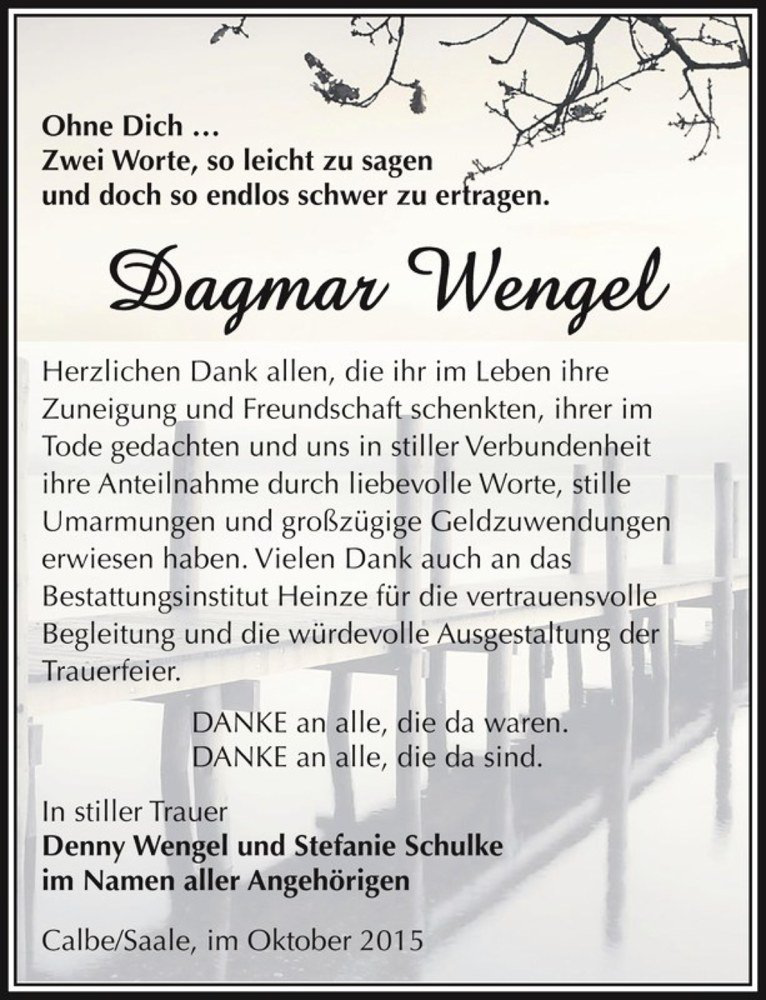  Traueranzeige für Dagmar Wengel  vom 24.10.2015 aus Magdeburger Volksstimme