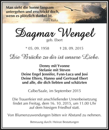 Traueranzeige von Dagmar Wengel (geb. Ebert)  von Magdeburger Volksstimme