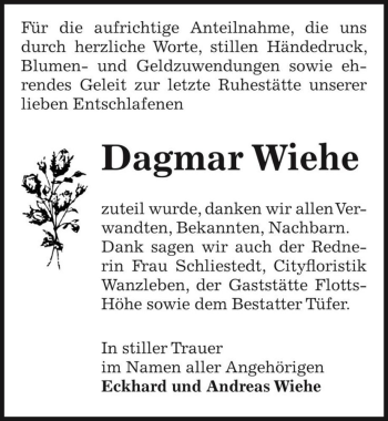 Traueranzeige von Dagmar Wiehe  von Magdeburger Volksstimme