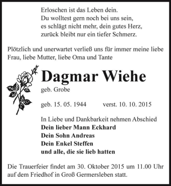 Traueranzeige von Dagmar Wiehe (geb. Grobe)  von Magdeburger Volksstimme