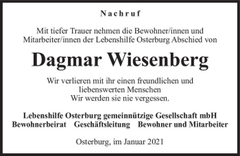 Traueranzeige von Dagmar Wiesenberg  von Magdeburger Volksstimme