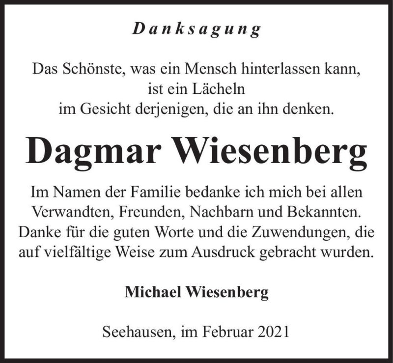  Traueranzeige für Dagmar Wiesenberg  vom 06.02.2021 aus Magdeburger Volksstimme