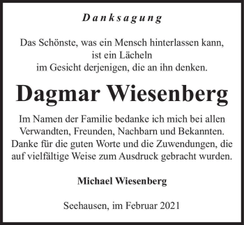 Traueranzeige von Dagmar Wiesenberg  von Magdeburger Volksstimme