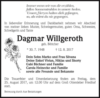 Traueranzeige von Dagmar Willgeroth (geb. Böttcher)  von Magdeburger Volksstimme