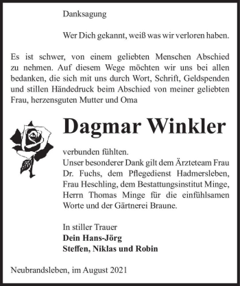 Traueranzeige von Dagmar Winkler  von Magdeburger Volksstimme