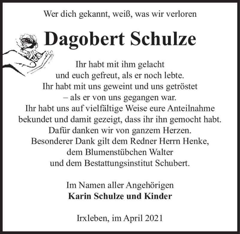  Traueranzeige für Dagobert Schulze  vom 10.04.2021 aus Magdeburger Volksstimme