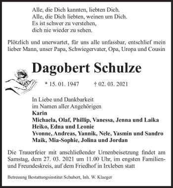 Traueranzeige von Dagobert Schulze  von Magdeburger Volksstimme