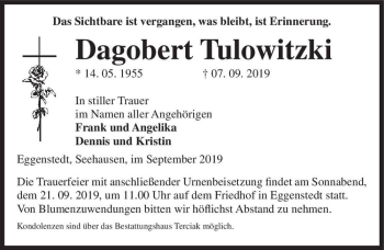Traueranzeige von Dagobert Tulowitzki  von Magdeburger Volksstimme