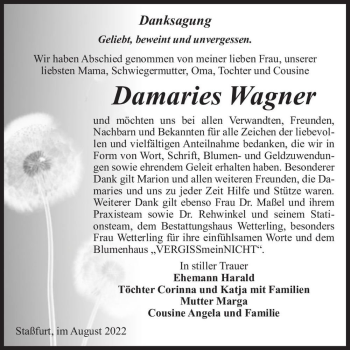Traueranzeige von Damaries Wagner  von Magdeburger Volksstimme