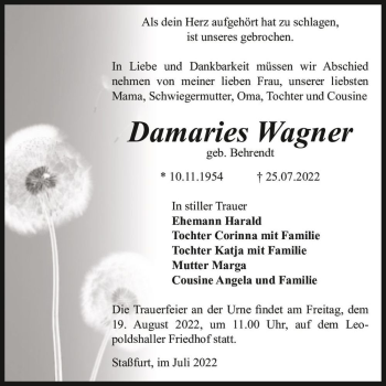 Traueranzeige von Damaries Wagner (geb. Behrendt)  von Magdeburger Volksstimme
