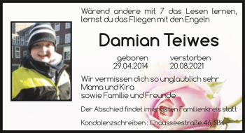 Traueranzeige von Damian Teiwes  von Magdeburger Volksstimme