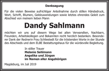 Traueranzeige von Dandy Sahlmann  von Magdeburger Volksstimme