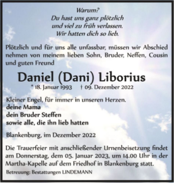 Traueranzeige von Daniel 