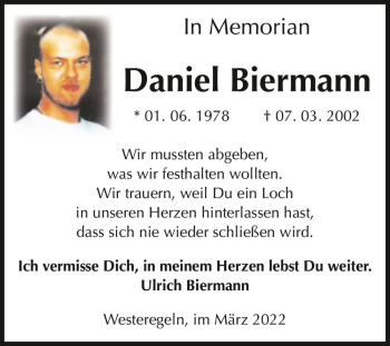 Traueranzeige von Daniel Biermann  von Magdeburger Volksstimme
