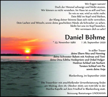 Traueranzeige von Daniel Böhme  von Magdeburger Volksstimme