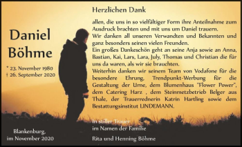 Traueranzeige von Daniel Böhme  von Magdeburger Volksstimme