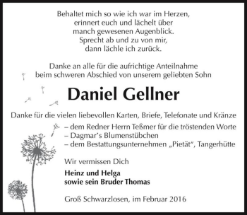 Traueranzeige von Daniel Gellner  von Magdeburger Volksstimme