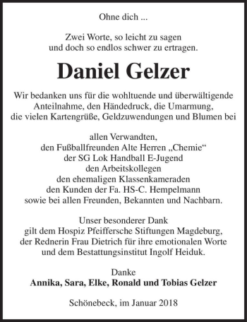 Traueranzeige von Daniel Gelzer  von Magdeburger Volksstimme