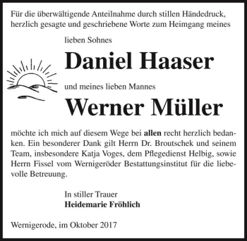 Traueranzeige von Daniel Haaser und Werner Müller  von Magdeburger Volksstimme