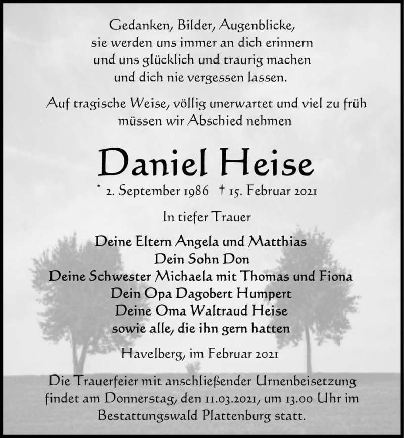  Traueranzeige für Daniel Heise  vom 27.02.2021 aus Magdeburger Volksstimme