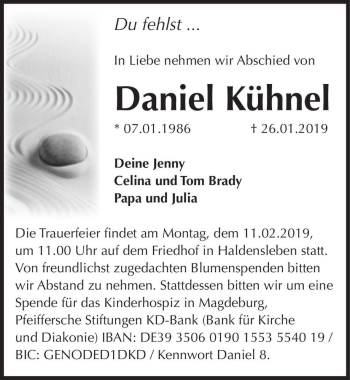 Traueranzeige von Daniel Kühnel  von Magdeburger Volksstimme