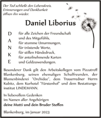 Traueranzeige von Daniel Liborius  von Magdeburger Volksstimme