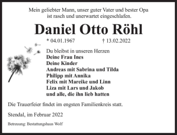 Traueranzeige von Daniel Otto Röhl  von Magdeburger Volksstimme