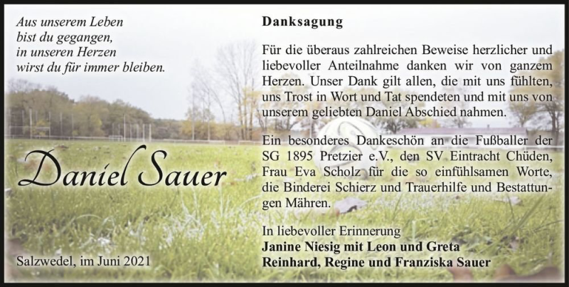  Traueranzeige für Daniel Sauer  vom 09.06.2021 aus Magdeburger Volksstimme