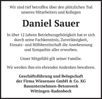 Traueranzeige von Daniel Sauer  von Magdeburger Volksstimme
