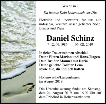 Traueranzeige von Daniel Schinz  von Magdeburger Volksstimme
