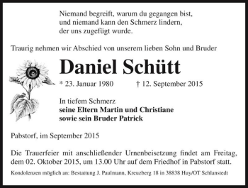 Traueranzeige von Daniel Schütt  von Magdeburger Volksstimme