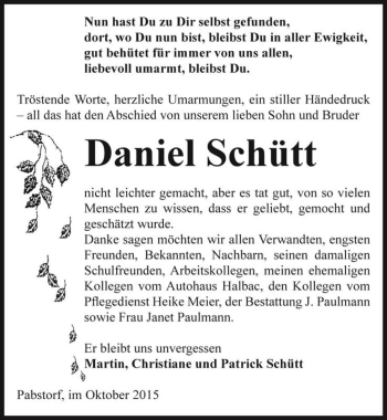 Traueranzeige von Daniel Schütt  von Magdeburger Volksstimme