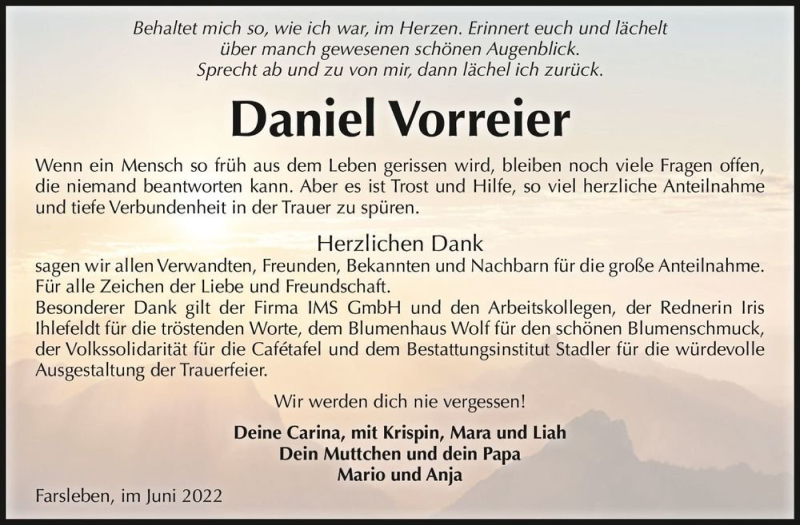  Traueranzeige für Daniel Vorreier  vom 02.07.2022 aus Magdeburger Volksstimme